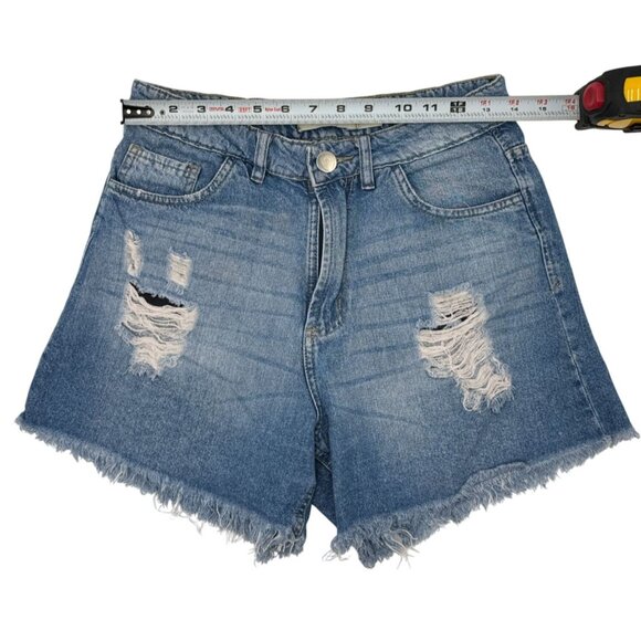 Krísy Bermuda Shorts Womens 36 Blue Distressed Denim High Rise Frayed Hem Resort - Picture 3 of 9